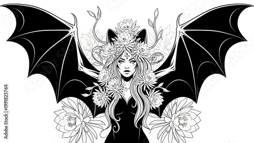 Gothic Bat Woman with Flowers and Wings, Dark Fantasy Art