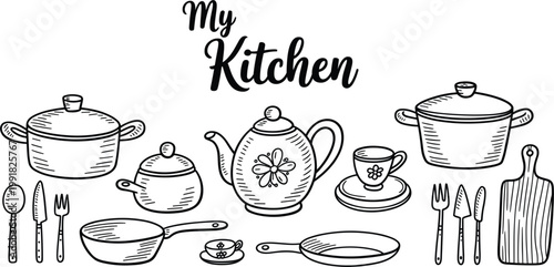 Professional hand drawn kitchenware set with pots pans teapot and cutlery for my kitchen and cooking concept vector