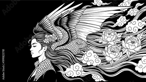 Mythical Winged Woman with Flowing Hair and Peonies, Black and White Illustration