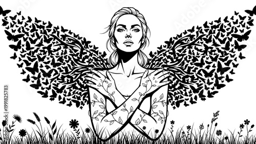 Woman with butterfly wings and floral tattoos, symbolizing transformation and freedom