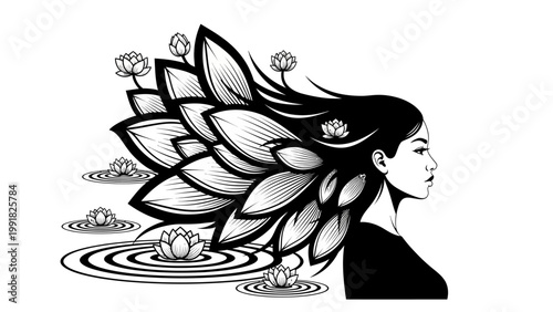 Woman with Lotus Flowers in Hair, Zen, Serenity, Nature, Beauty, Black and White