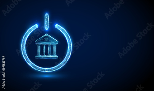 3d blue bank icon inside power button. Digital banking, instant financial access, online banking startup, fintech enablement, account access control concept