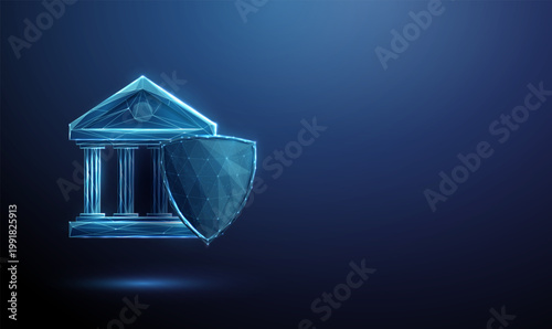 3d blue bank icon behind shield. Financial protection, secure banking systems, data security, fraud prevention, risk management, encrypted transactions concept.