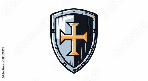 A stylized shield features a bold gold cross on a split background of silver and black