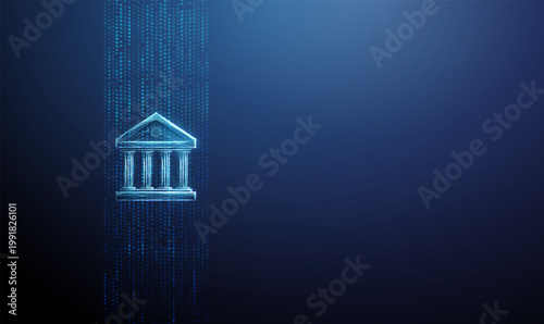 3d blue bank icon inside a data stream. Digital banking ecosystem, real-time financial data processing, fintech infrastructure, connected financial networks concept