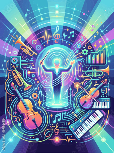 Digital music conductor, techno-brutalist style, neon glow, orchestral harmony concept