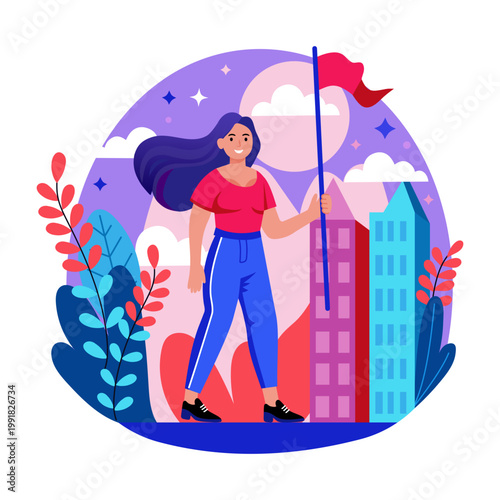 Flat style illustration depicting a female protesting by holding a flag 
