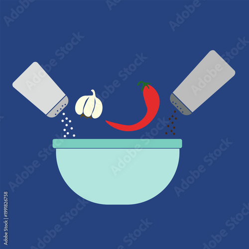 Vector flat illustration of a cooking process, Process of adding spices and ingredients to a dish