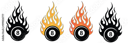 Billiard, 8 ball flame icon featuring burning pool ball symbol, game and sports concept with fire effect, modern flat vector illustration collection