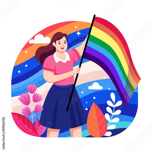 An illustration depicting a woman holding equality flag in flat style

