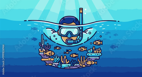 A stylized snorkeler explores a vibrant underwater world with colorful coral and small fish