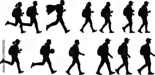 Sequence of silhouettes depicting various walking and running postures of a person with a backpack Vector