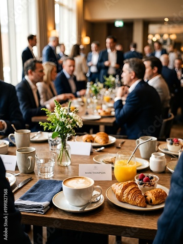 Business professionals attending a breakfast meeting with pastries, coffee, and juice on a wooden table in a well-lit room.