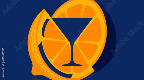 A stylized graphic illustration featuring a martini glass silhouette superimposed on a vibrant orange slice, with a lemon peel accentuating the composition against a deep blue background.