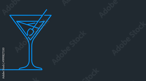 A minimalist blue neon outline of a martini glass with olives on a dark background.