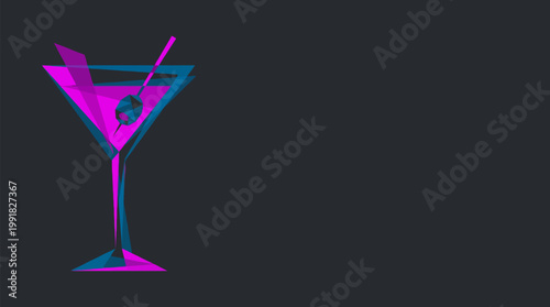 A vibrant, stylized martini glass with a cherry and a stirrer, rendered in a glitch art effect.