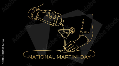 Golden outline of a bartender pouring a martini into a glass on National Martini Day.