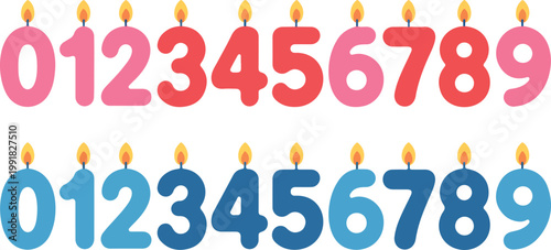 Colorful birthday number candles set from zero to nine in bubble style with flames isolated on clean white background