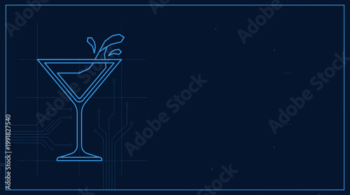 A stylized neon blue martini glass with liquid splashing out, set against a dark blue background with circuit board patterns.