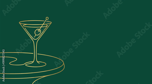 Elegant gold line art of a martini glass with an olive on a table against a dark green background.