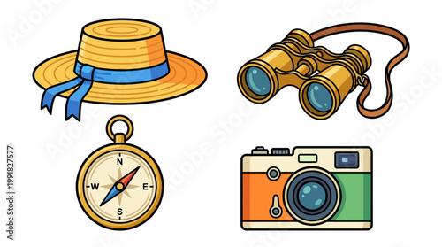 A collection of travel essentials including a straw hat, binoculars, a compass, and a vintage camera.