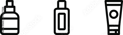 Cosmetic packaging icons set including pump spray bottle, skincare bottle, and cream tube, minimalist outline vector for beauty and personal care
