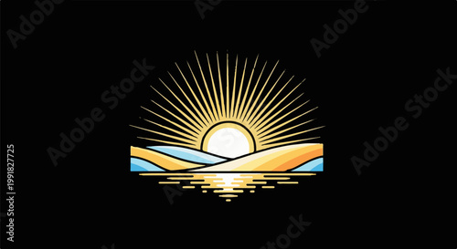 A stylized sunrise over gentle hills and reflected in water