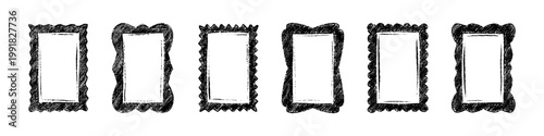 Hand drawn chalk, charcoal, pencil grunge frames. Rectangle paint brush quirky funky whimsical border. Sketch drawing childish text box. Emo goth ink frame. Childish kid scribble in the blackboard