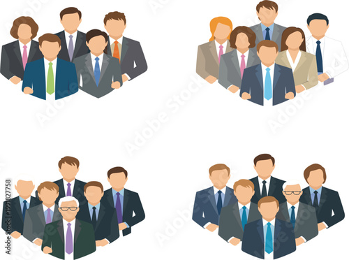 Professional set of colorful flat icons showing diverse business people and corporate teams for web interface vector