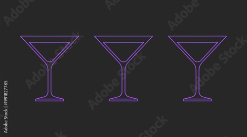 Three stylized purple martini glasses are lined up horizontally against a dark gray background.