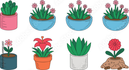 Cartoon potted plants collection with colorful flowers and succulents in simple hand drawn style isolated on white background
