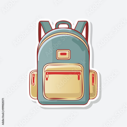 Illustration of a blue backpack with yellow pockets and red zippers