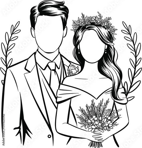 Elegant faceless bride and groom illustration with floral elements and romantic wedding theme