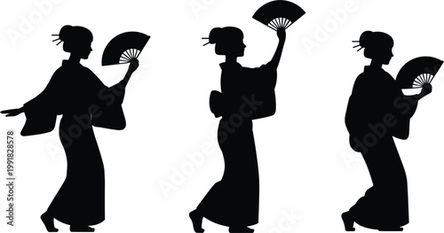 Professional black silhouette of Japanese geisha with traditional kimono and fan for east culture concept vector
