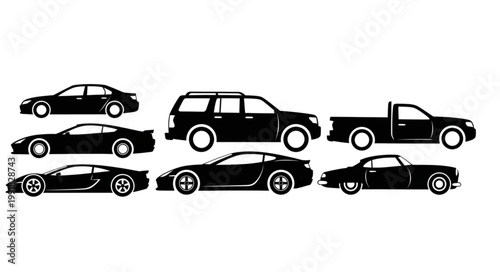 Collection of Silhouetted Vehicles Including Cars Trucks and SUVs.