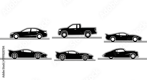 Collection of Black Silhouette Sports Cars and Pickup Truck.