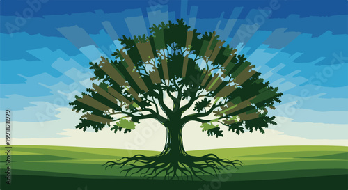 A stylized tree with radiant light beams emanating from behind its canopy against a blue sky