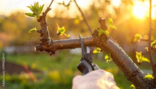 Hand Pruning Tree Branch with Shears in Golden Hour Sunlight