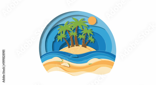A stylized tropical island with palm trees, sand, ocean waves, and a sun