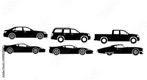 Collection of Diverse Vehicle Silhouettes in Black and White.