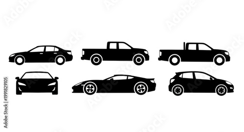 Collection of Black Car Silhouettes on White Background.