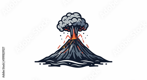A stylized volcano erupts, spewing ash and lava into the sky, set against a white background