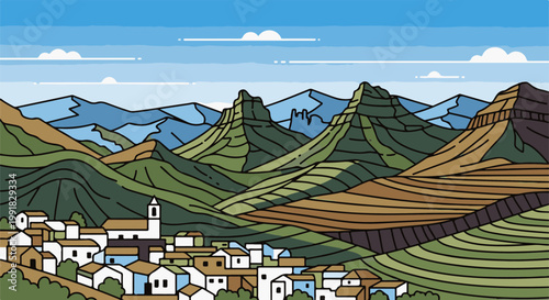 A stylized village nestled amidst rolling hills and jagged mountains under a blue sky