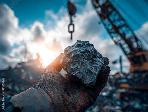 Miners hand holding a raw coal lump at a mining site with heavy machinery and sunset sky.