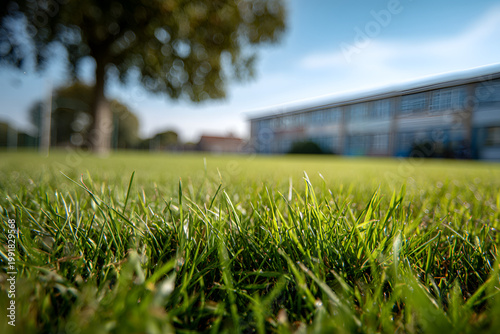 Lush Green Grass Field with Blurred Building and Tree in Background on a Sunny Day.