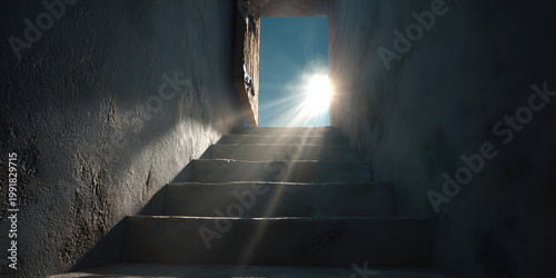 Sunlight streaming through a doorway into a dark, mysterious stairwell, creating a dramatic contrast of light and shadow.