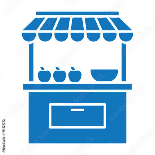 Blue food cart with apples and bowl