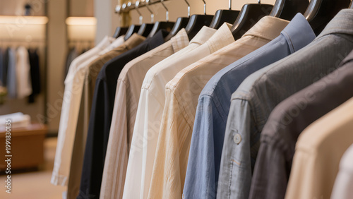 Row of men’s clothing on hangers in a modern store or wardrobe, stylish shirts and jackets neatly arranged in soft natural lighting
