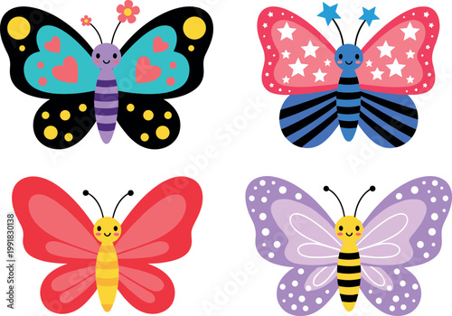Cute cartoon butterflies colorful whimsical insect characters with hearts stars and patterns kids style vector illustration set