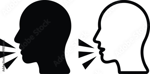 Minimalist Human Head Silhouette with Speech Waves, Modern Verbal Communication and Speaking Vector Graphics, Black and White Voice Command and Audio Recognition Symbols.